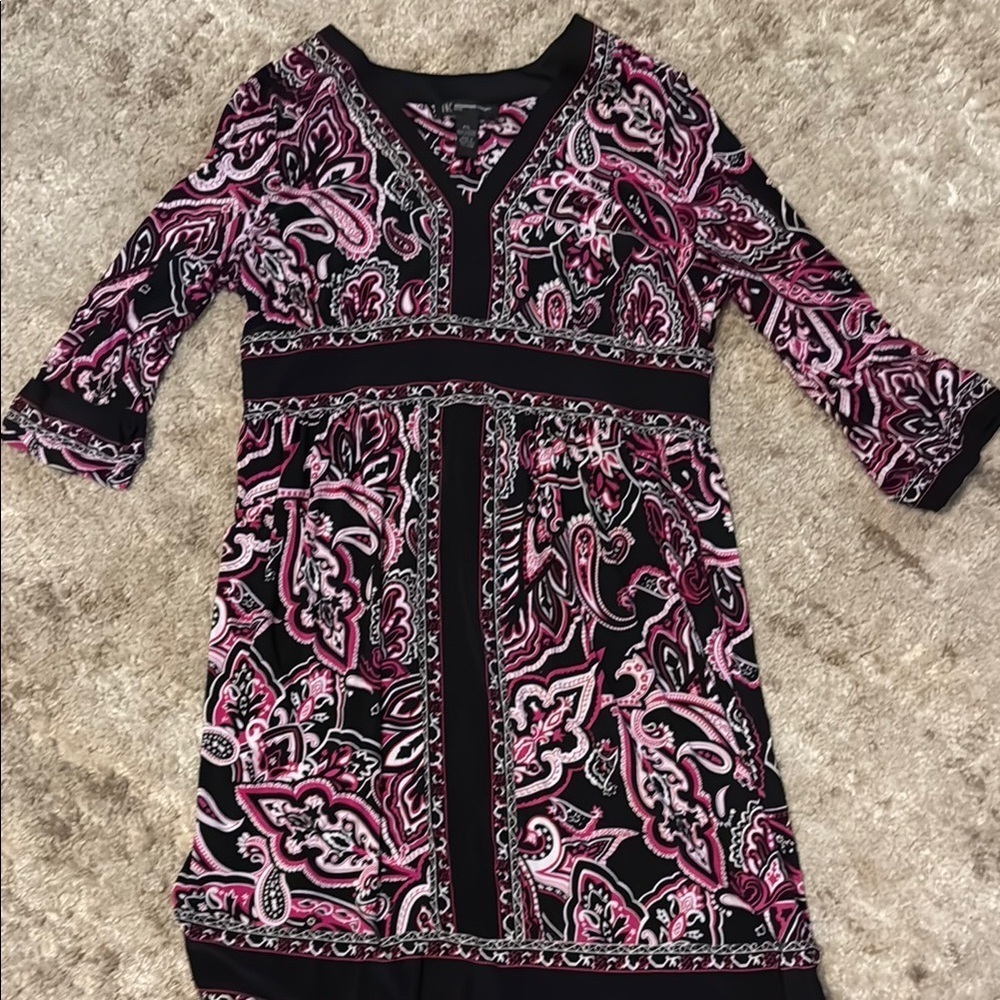 🍍 INC International Concepts black pink EUC Paisley Long sleeve Midi Dress P/L🍍